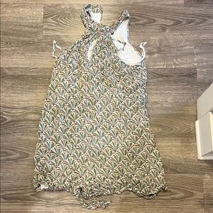 Anthropologie Maddie Romper large White Green High Neck Sleeveless Palm Leaves